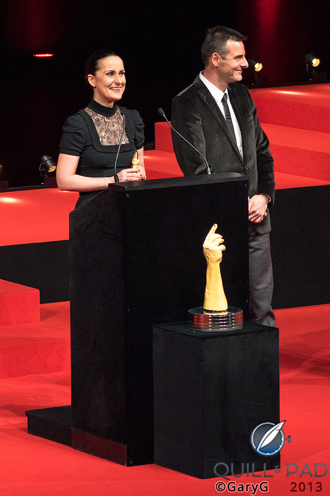 After the smooch: Maria Kristina and Richard Habring Accept the Petit Aiguille Prize at the Grand Prix d’Horlogerie de Genève (GPHG), 2013