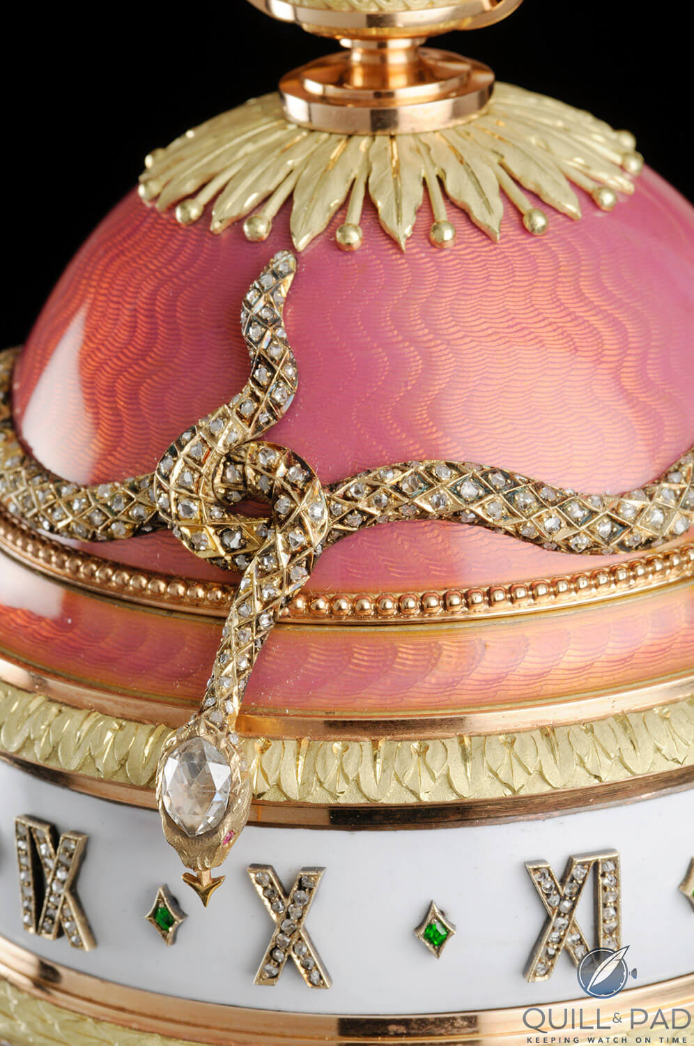The diamond-set head of the serpent indicates the hours on the Yusupov Fabergé Egg