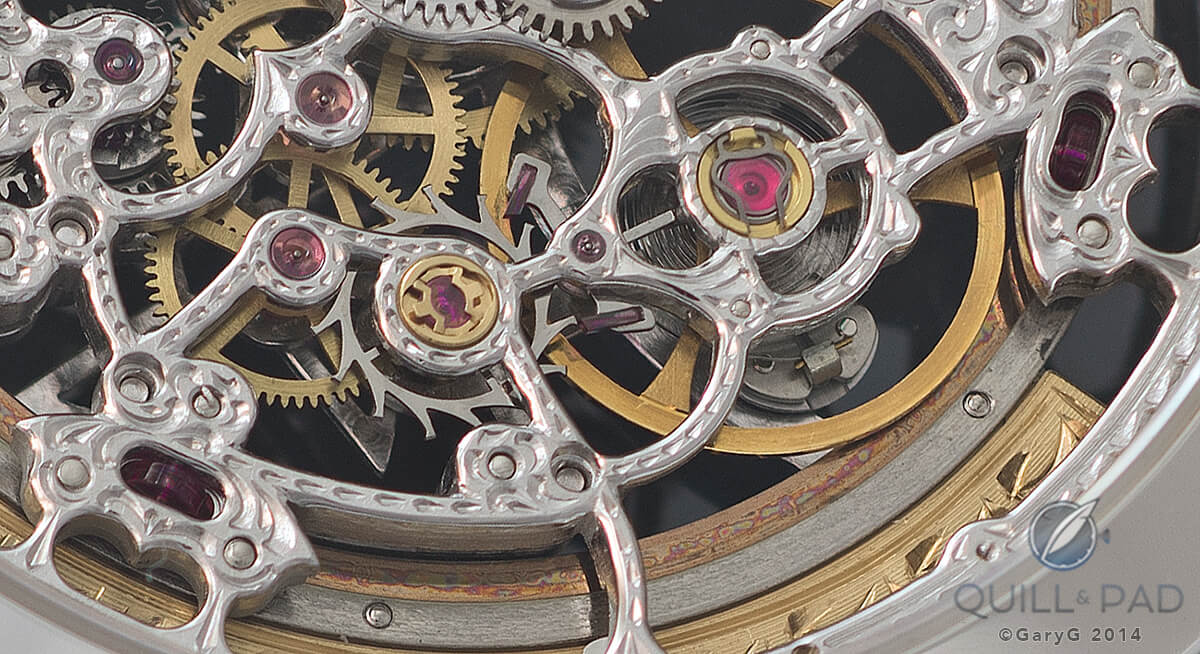 Ruby slippers: movement detail of the Vacheron Constantin Malte Squelette showing automatic winding system elements