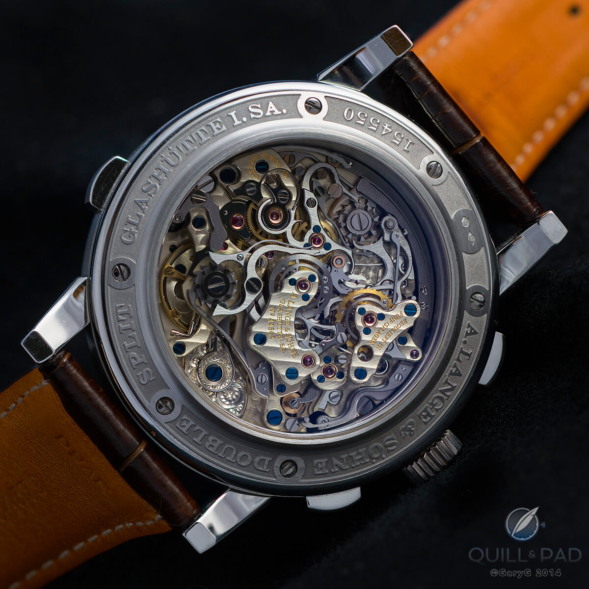 Reverse side of the A. Lange & Söhne Double Split with deep relief bezel engraving