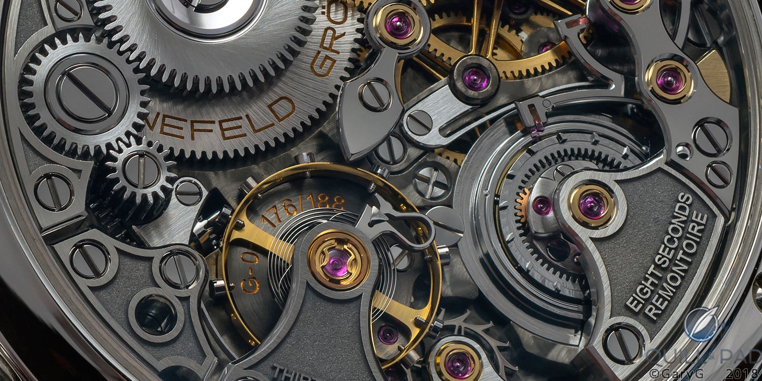 Movement detail, Grönefeld 1941 Remontoire with constant force mechanism at right