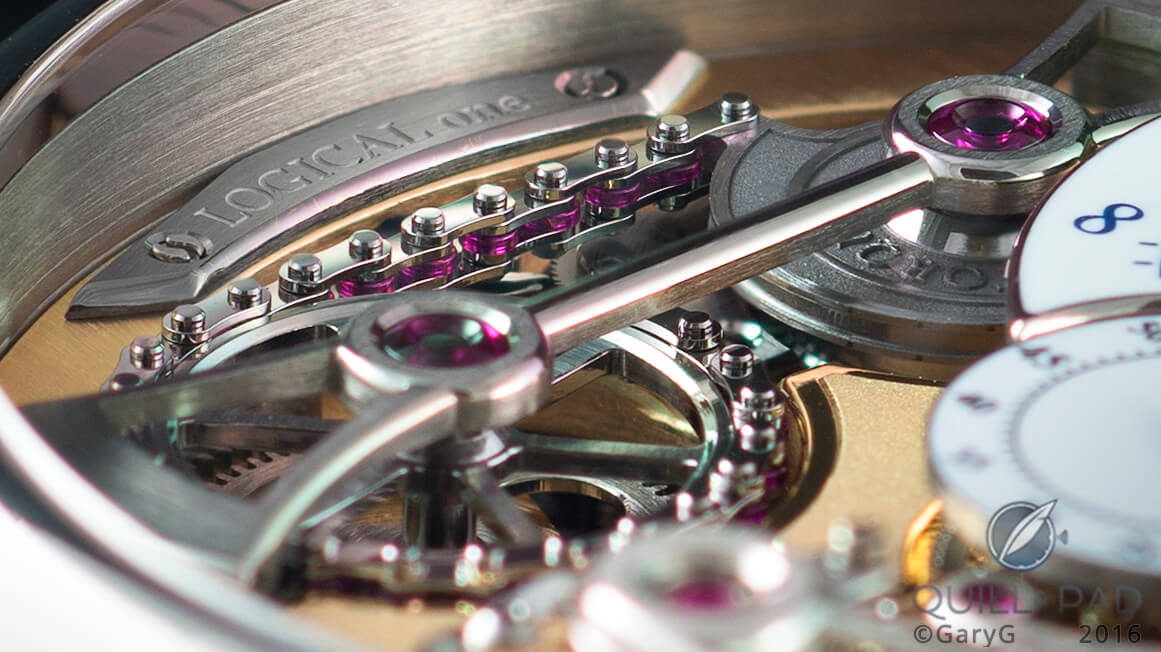 Ruby slippers: movement detail showing ruby bearings on constant torque chain of the Romain Gauthier Logical One