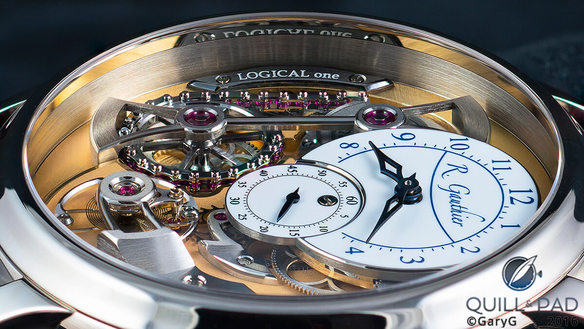 Low-angle view: Romain Gauthier Logical One highlighting the semi-cylindrical constant-torque bridge