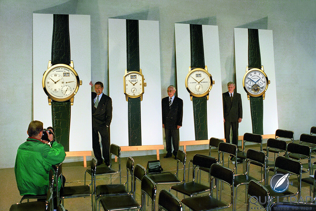 TL-R: Blümlein, Lange and Knothe under posters of the first four models launched by A.Lange & Sohne dated 24 October 1994