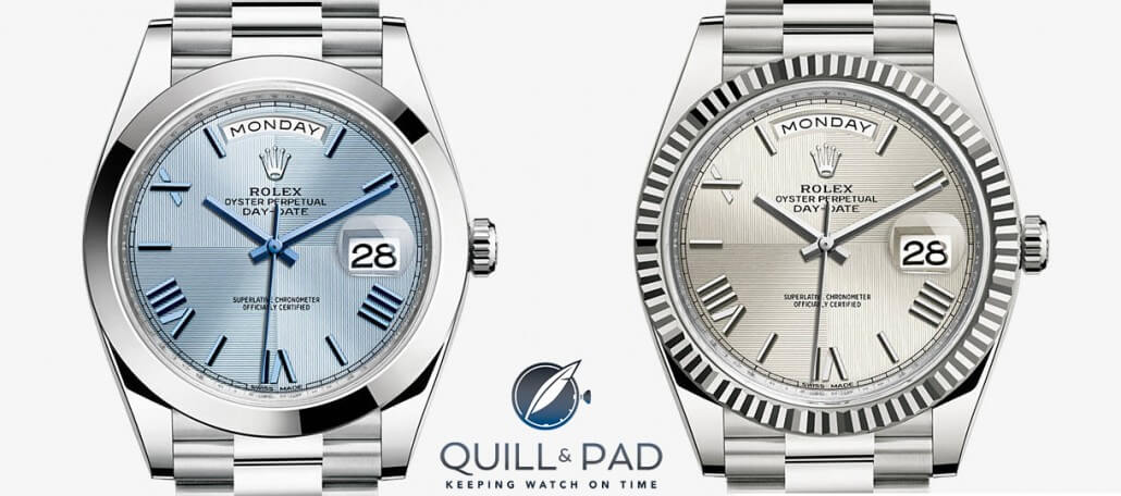 Your author's favorite Rolex Day-Date 40 dial is this quadrant design, here in platinum with blue dial and white gold with silverery dial 