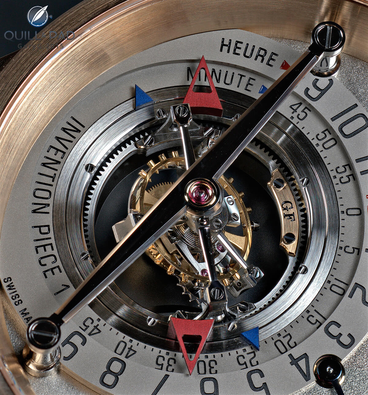Movement detail highlighting the black polished tourbillon bridge on the Greubel Forsey Invention Piece 1