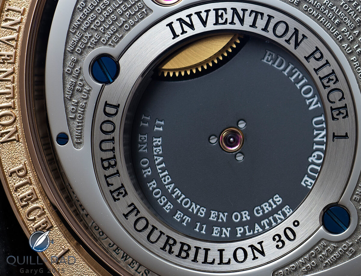 Movement detail of the Greubel Forsey Invention Piece 1 highlighting the black polished tourbillon bridge
