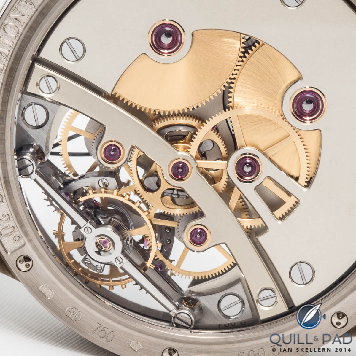 Flat polished screw heads with polished bevels and countersinks visible through the display back of this Greubel Forsey Double Balancier
