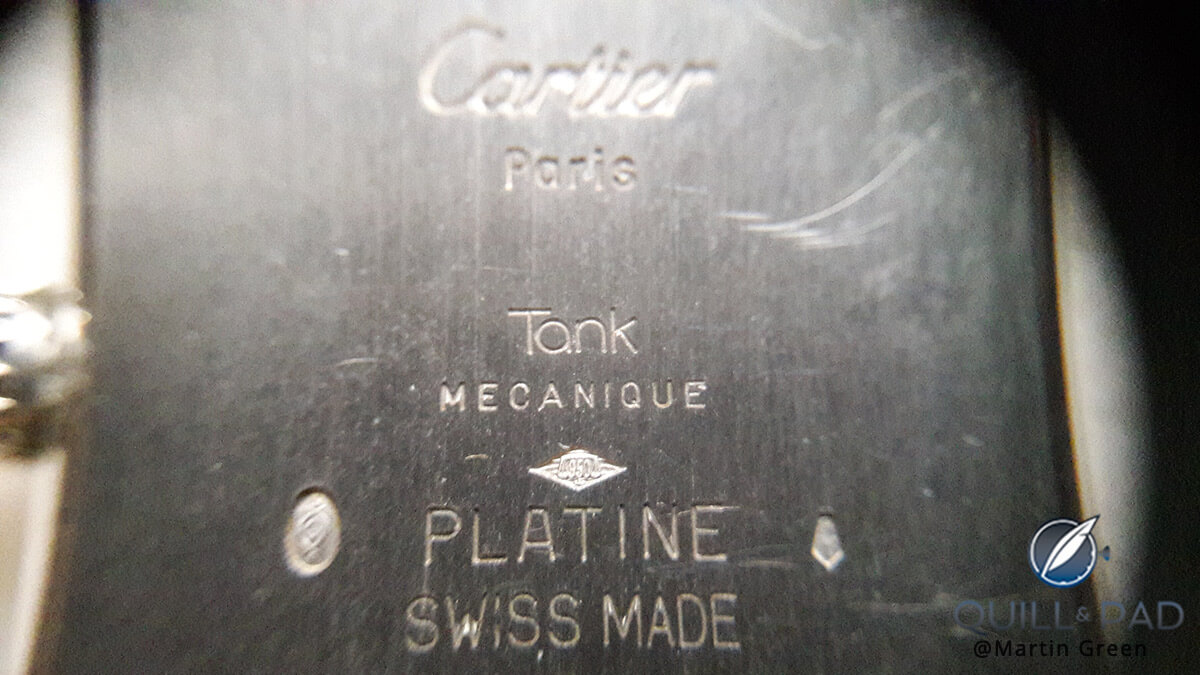 Engraved back of Martin Green's grail Louis Cartier Tank