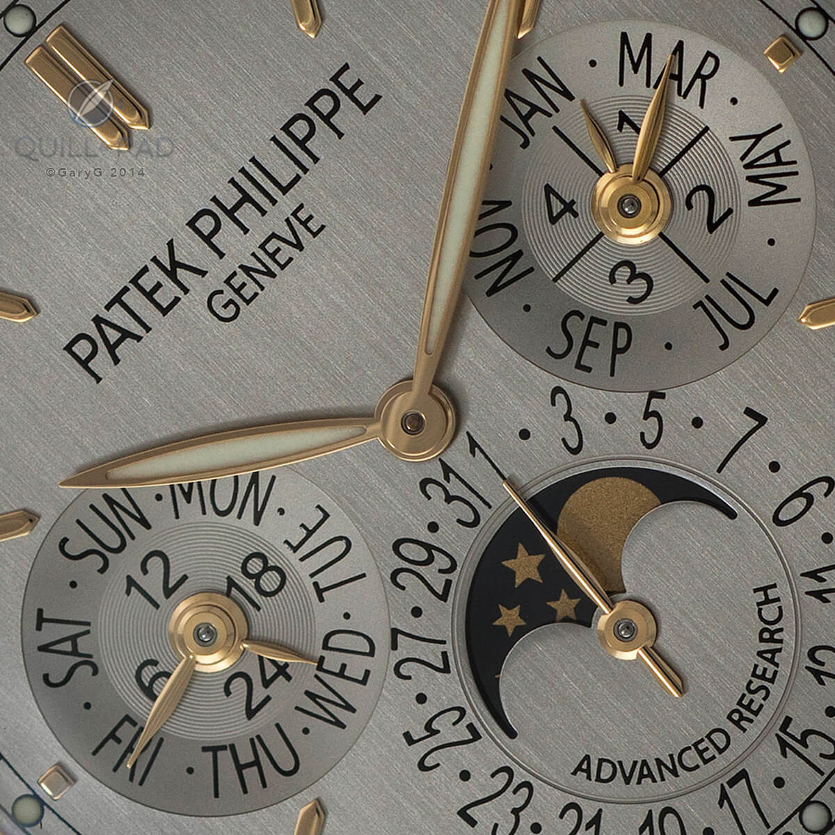 Close up look at the dial of the Patek Philippe Advanced Research Reference 5550P Perpetual Calendar