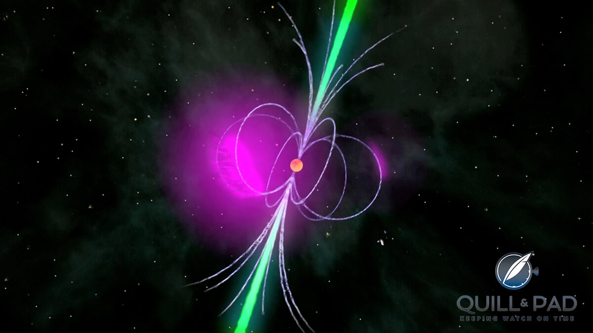 Artist's impression of a pulsar or spinning neutron star. The bright green represents powerful jets of radiation and light that shine though the universe like the beam from a light house.