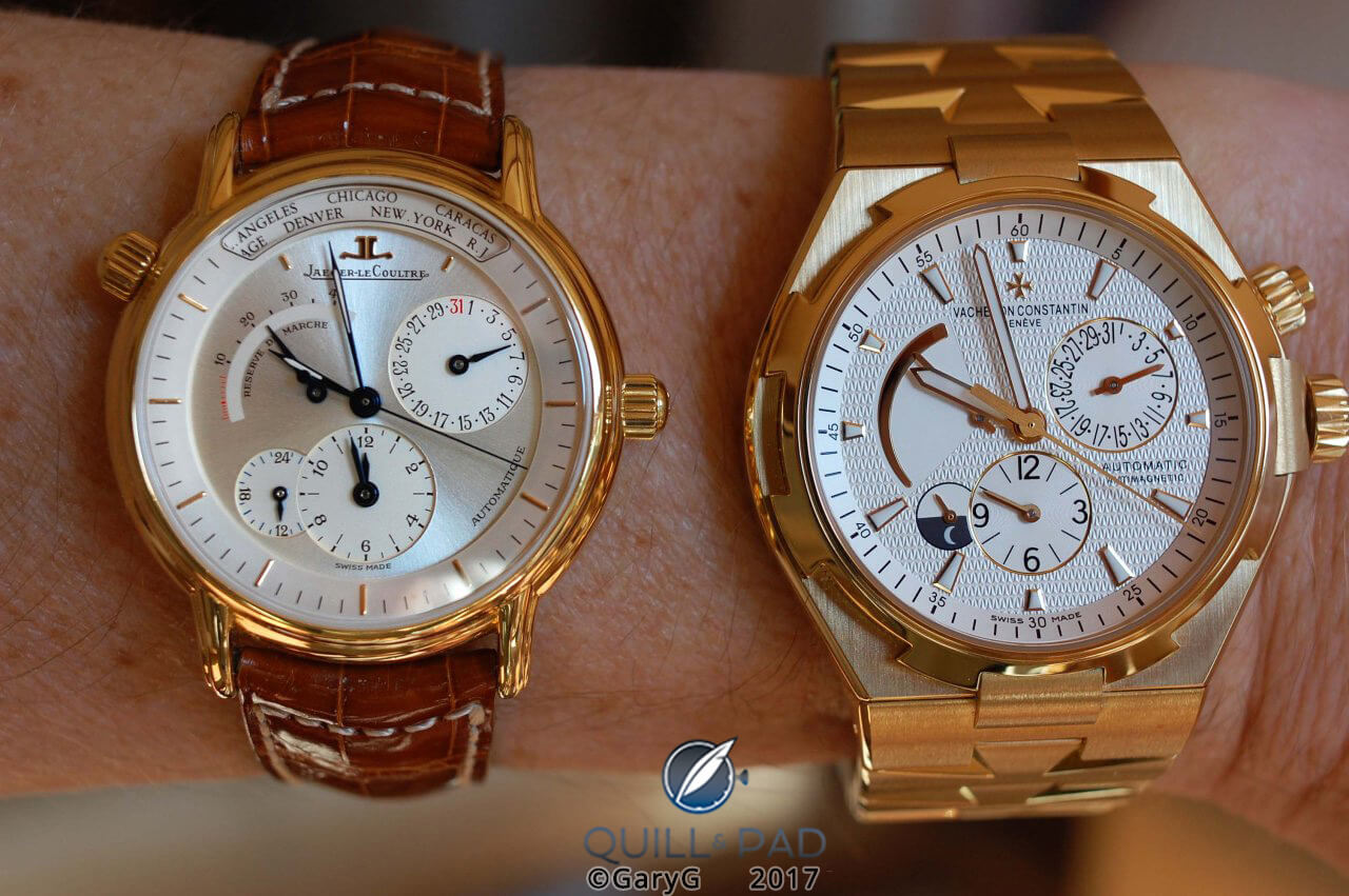 Two takes on world time: Jaeger-Lecoultre Géographique and Vacheron Constantin Overseas Dual Time, both in yellow gold