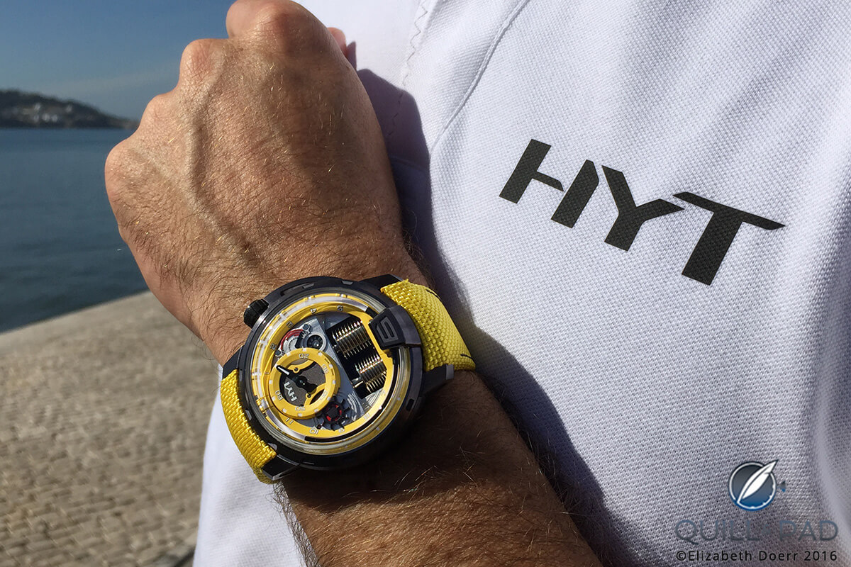 Yellow HYT Colorblock H1 on the wrist