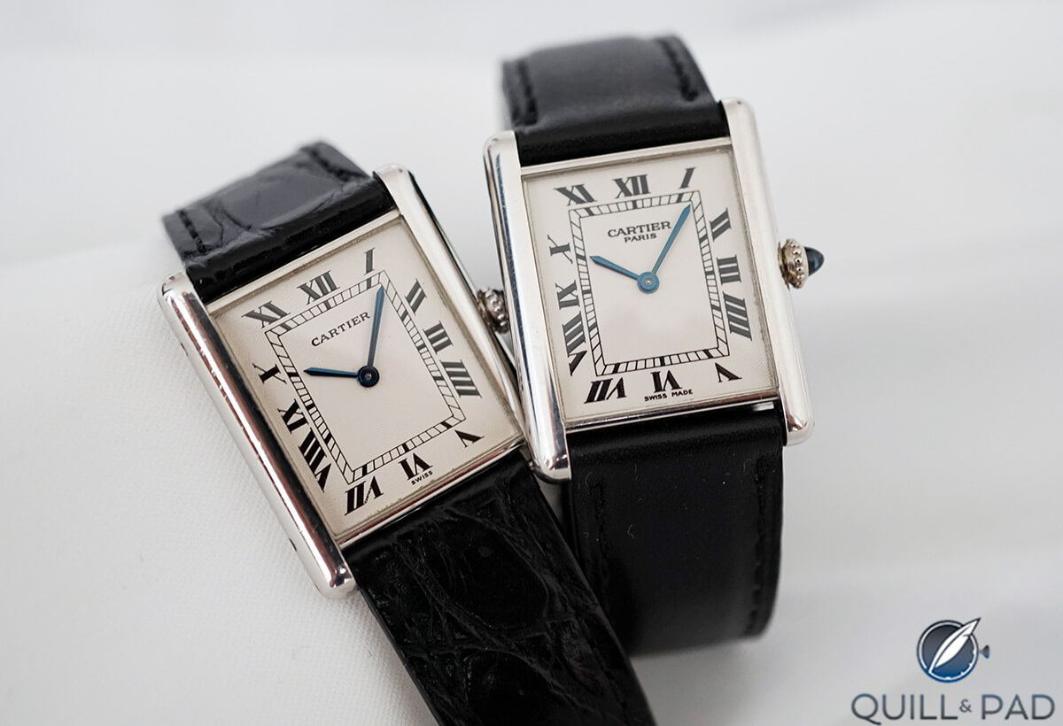 Pre-CPCP Louis Carter Tank in platinum (left) with CPCP Louis Cartier Tank in platinum (right)